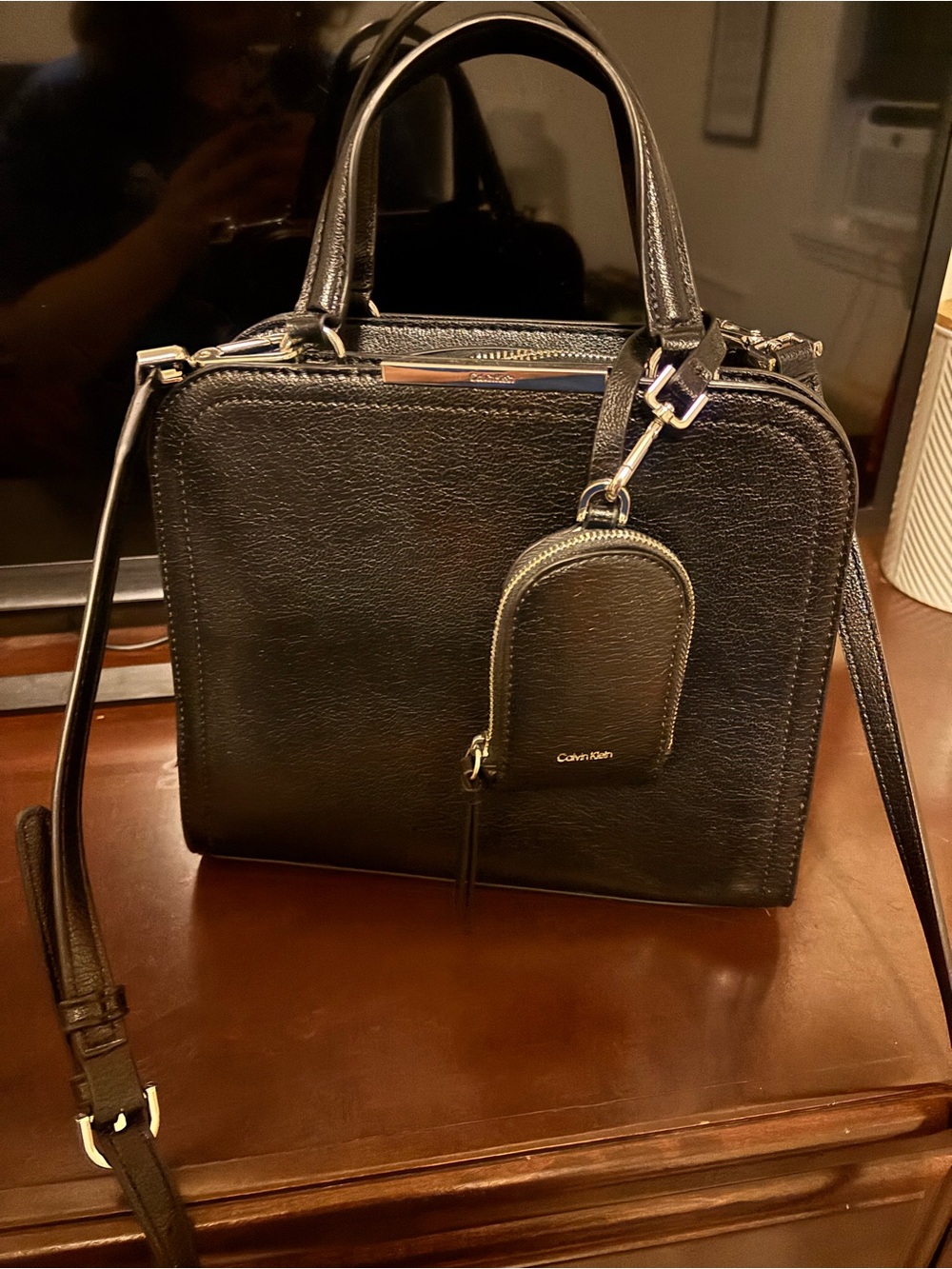 NWOT Calvin Klein Black Leather Top-Handle/ Crossbody Bag with small charm - Picture 2 of 14